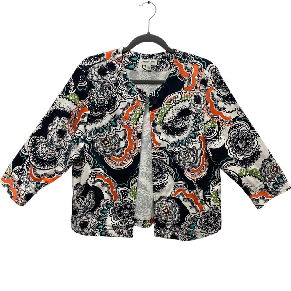 Coldwater Creek Jacket Womens‎ Large Black Orange Green Floral Button Up Cotton